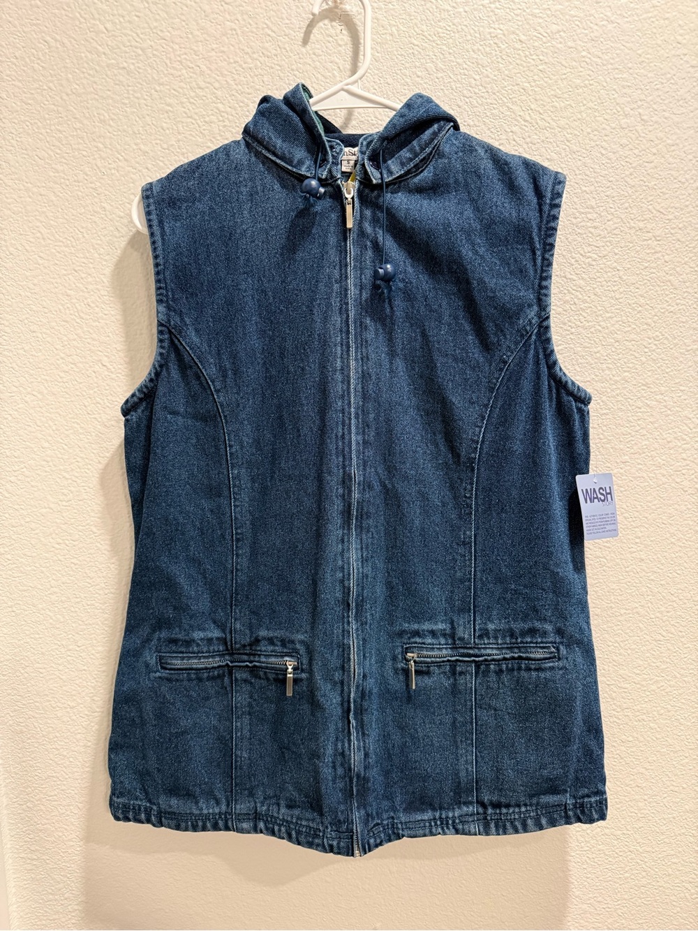 NorthStyle Denim Hooded Vest in Dark Blue with Green Plaid Trim